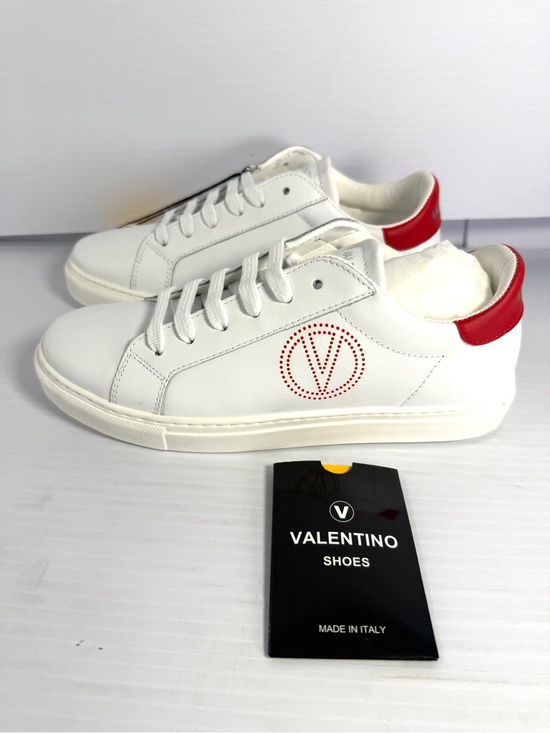 Valentino Shoes - Valentino Petra White Leather Sneakers with Red Detailing